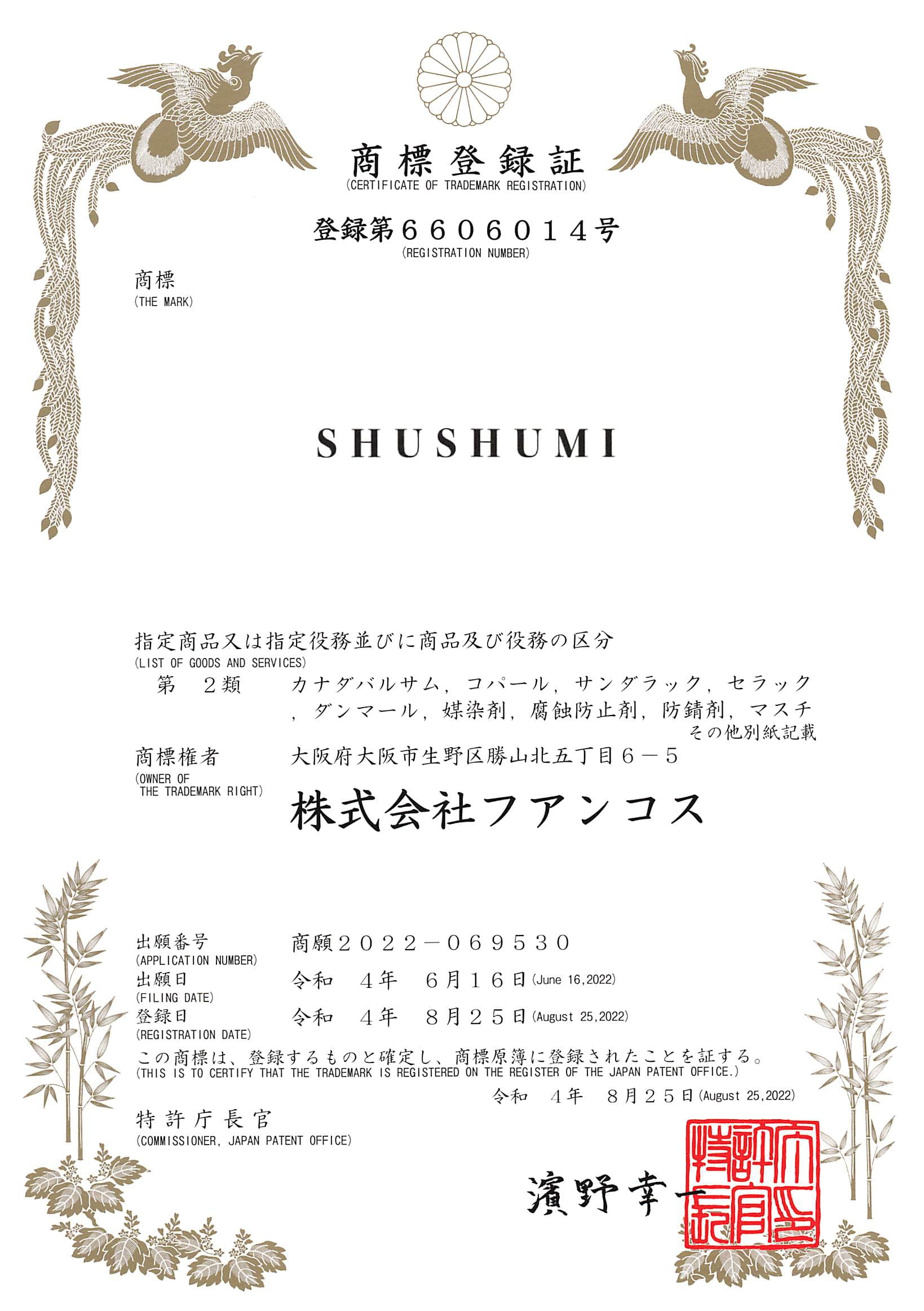 SHUHSUMI trademark registration